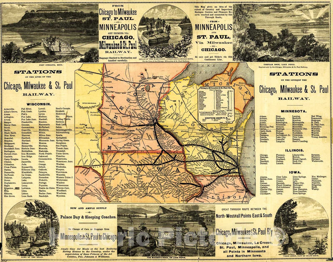 Historic 1874 Map - Chicago, Milwaukee, and St. Paul Railway