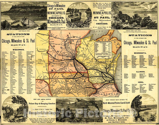 Historic 1874 Map - Chicago, Milwaukee, and St. Paul Railway