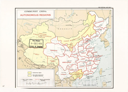 Historic 1959 Map - Communist China Autonomous Regions.