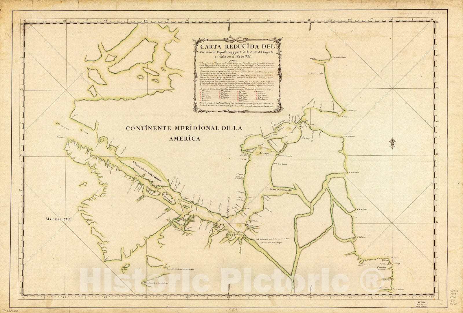 Historic 1786 Map - Carta reducida del Estrecho de Magallanes y Parte de la Costa del Fuego levantado en el aÃ±o de 1786.