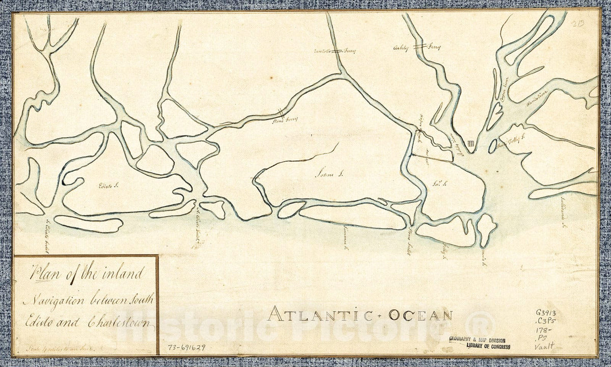 Historic 1780 Map - Plan of The Inland Navigation Between South Edisto and Charlestown.
