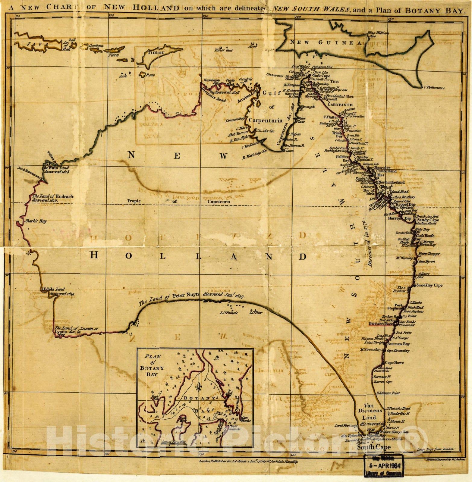 Historic 1767 Map - A New Chart of New Holland on which are delineated New South Wale, and a Plan for Botany Bay.