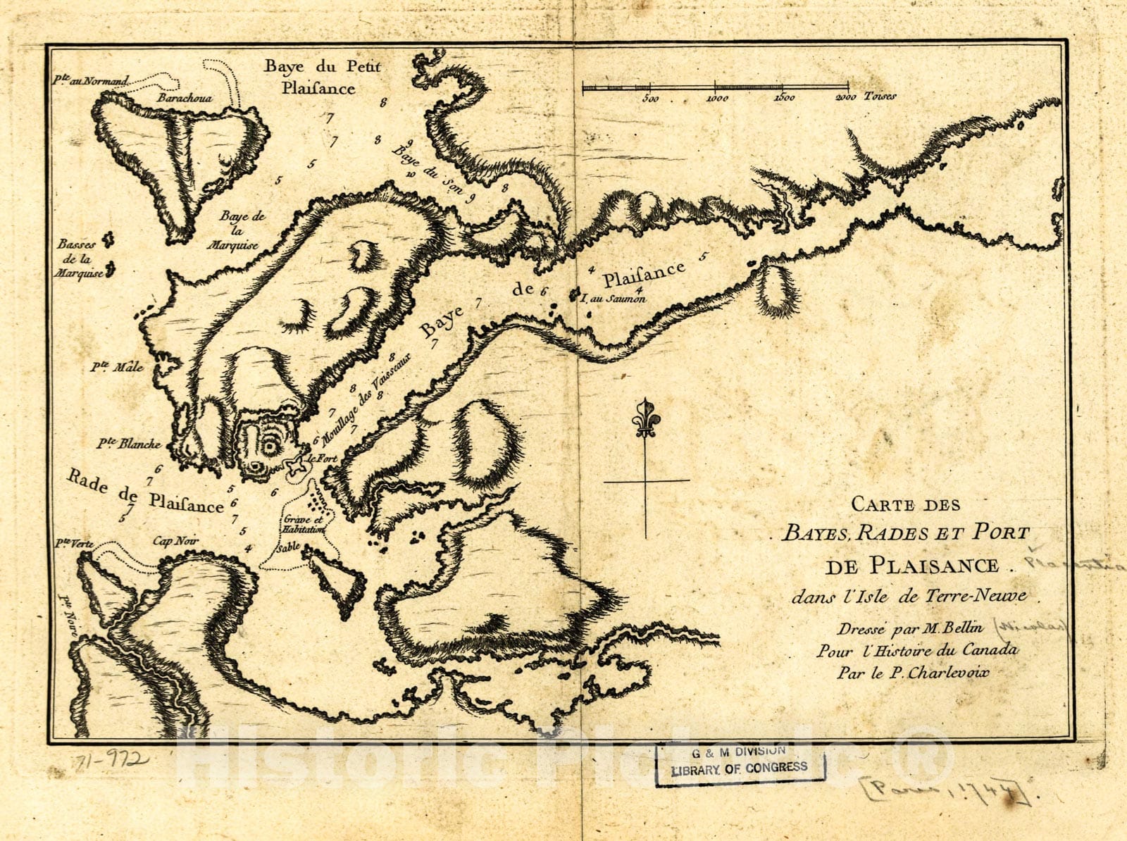Historic 1755 Map - Carte des bayes, rades et Port de Plaisance Dans l'Isle de Terre-Neuve.
