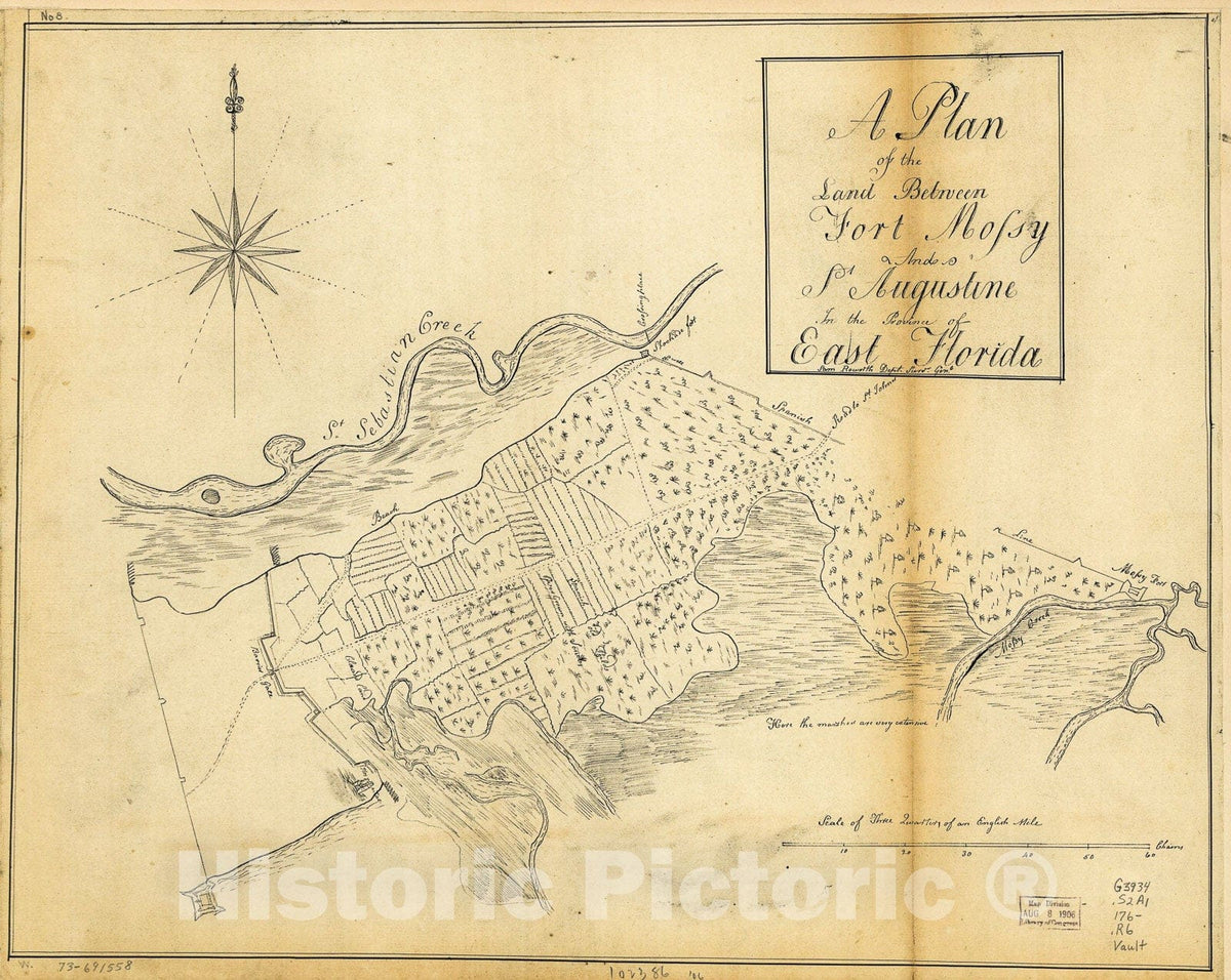 Historic 1760 Map - A Plan of The Land Between Fort Mossy and St. Augustine in The Province of East Florida.
