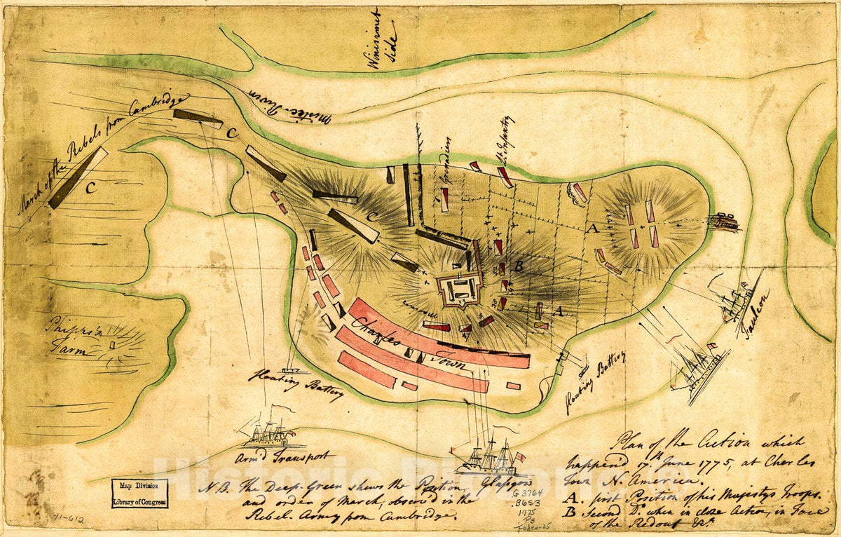 Historic 1775 Map - Plan of The Action which happen'd 17th. June 1775, at Charles Town, N. America.