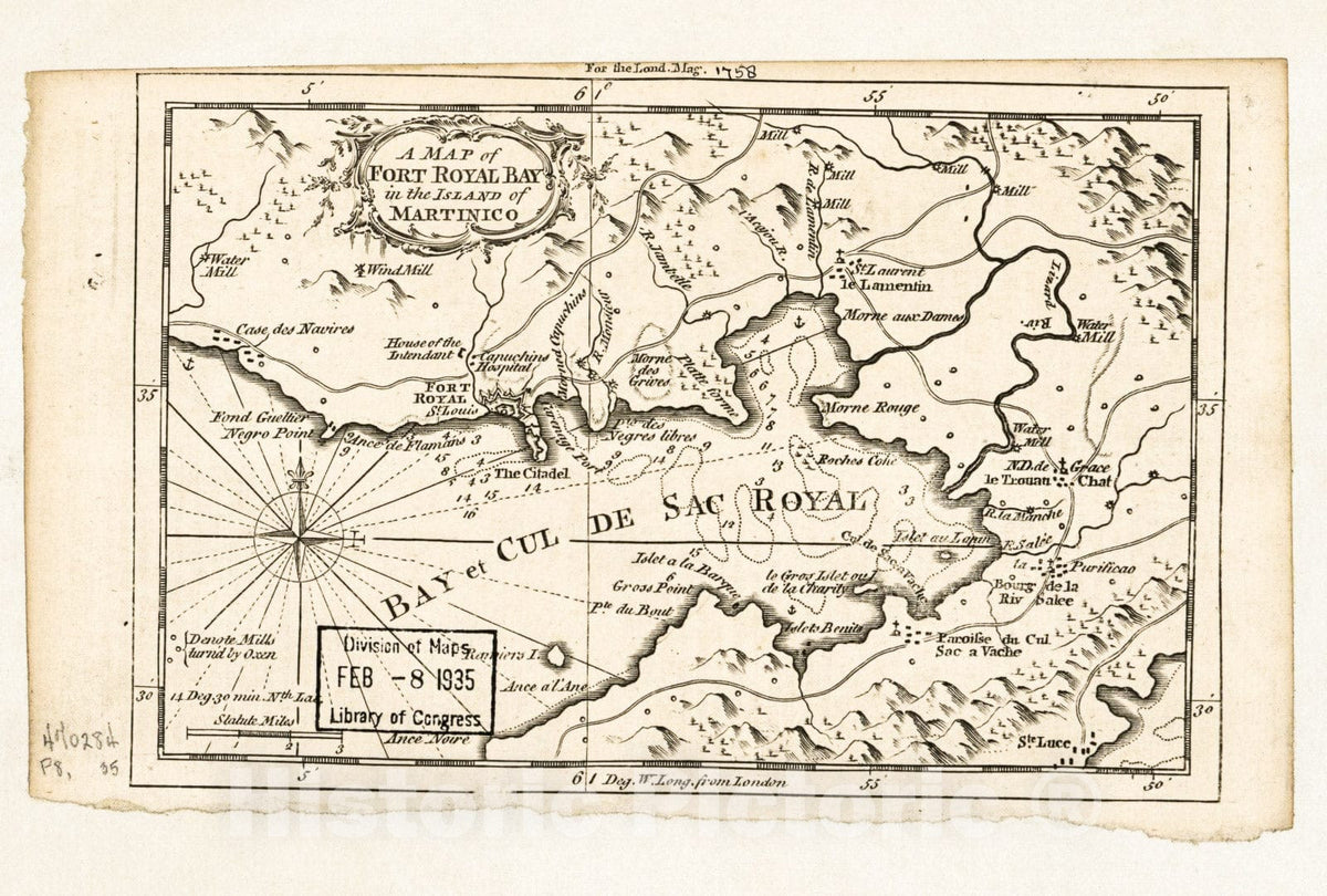 Historic 1758 Map - A map of Fort Royal Bay in The Island of Martinico.