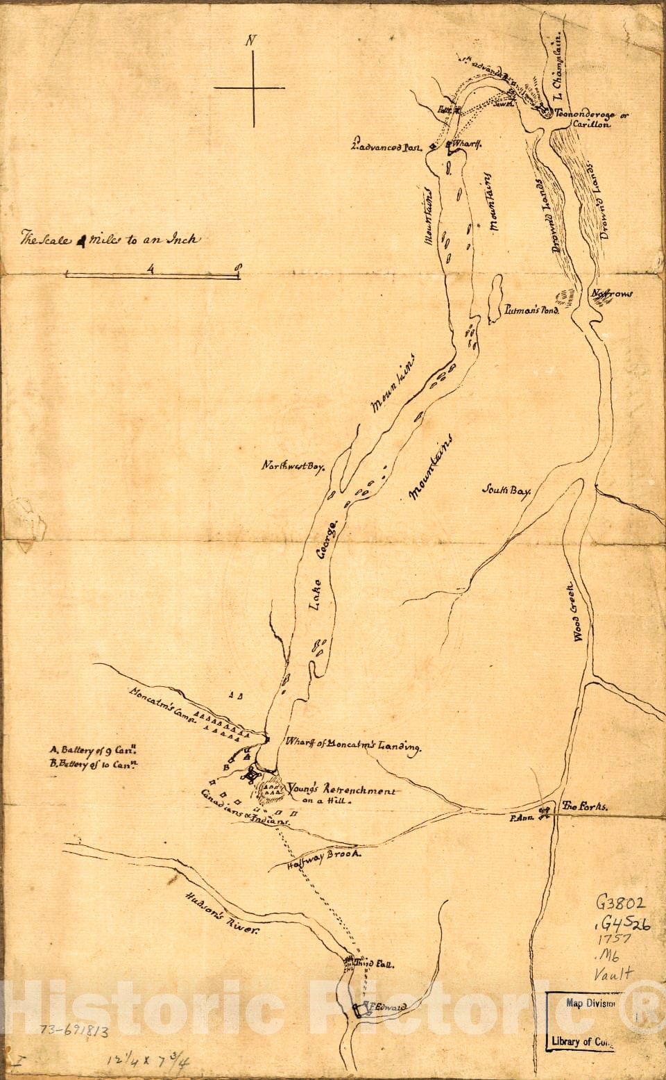 Historic 1757 Map - Plan of The Attack on Fort William Henry and Ticonderoga; Showing The Road from Fort Edward, Montcalm's Camp and Wharf of Landing, c.