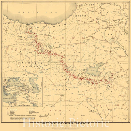 Historic 1920 Map - Boundary Between Turkey and Armenia : as Determined by Woodrow Wilson, President of The United States of America
