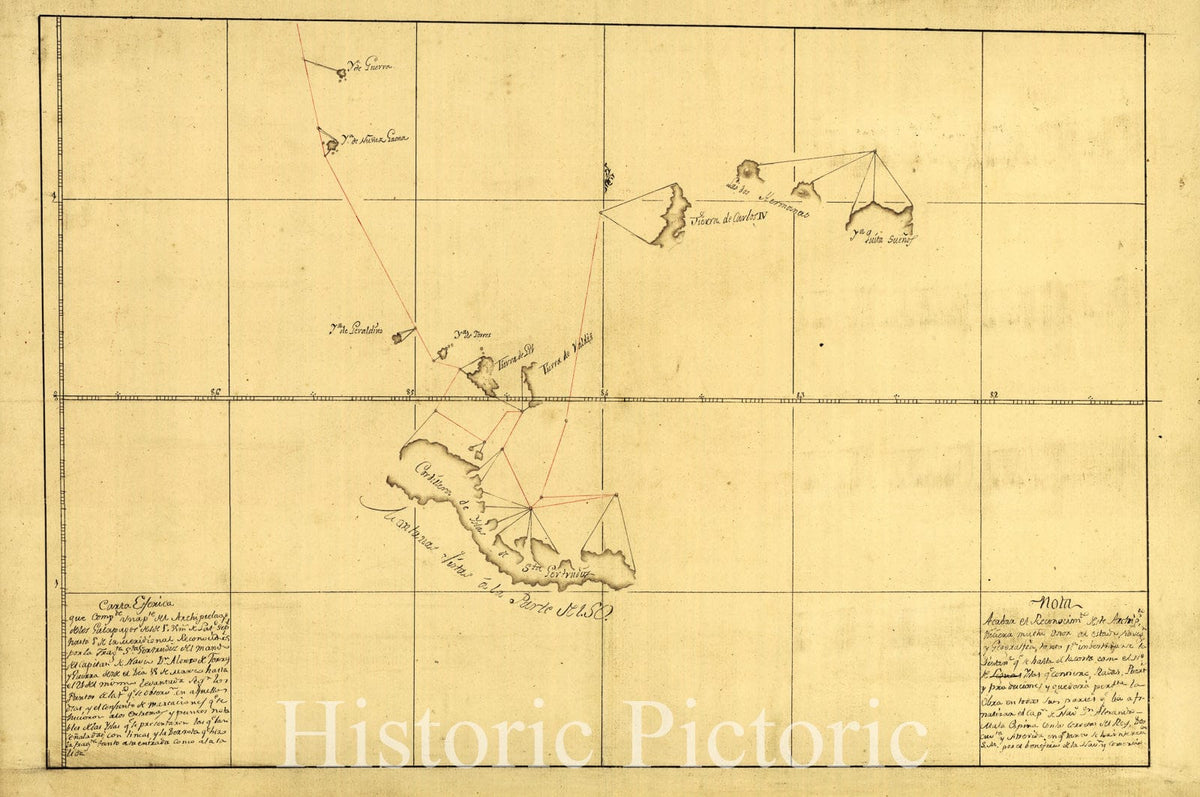 Historic 1700 Map - Carta esfÃ©rica que compde. UNA pte. del Archipielago de Los Galapagos Desde 1 35 ms. de latd. Sept. Hasta 1 DE la meridional reconocidos por la Fragta.