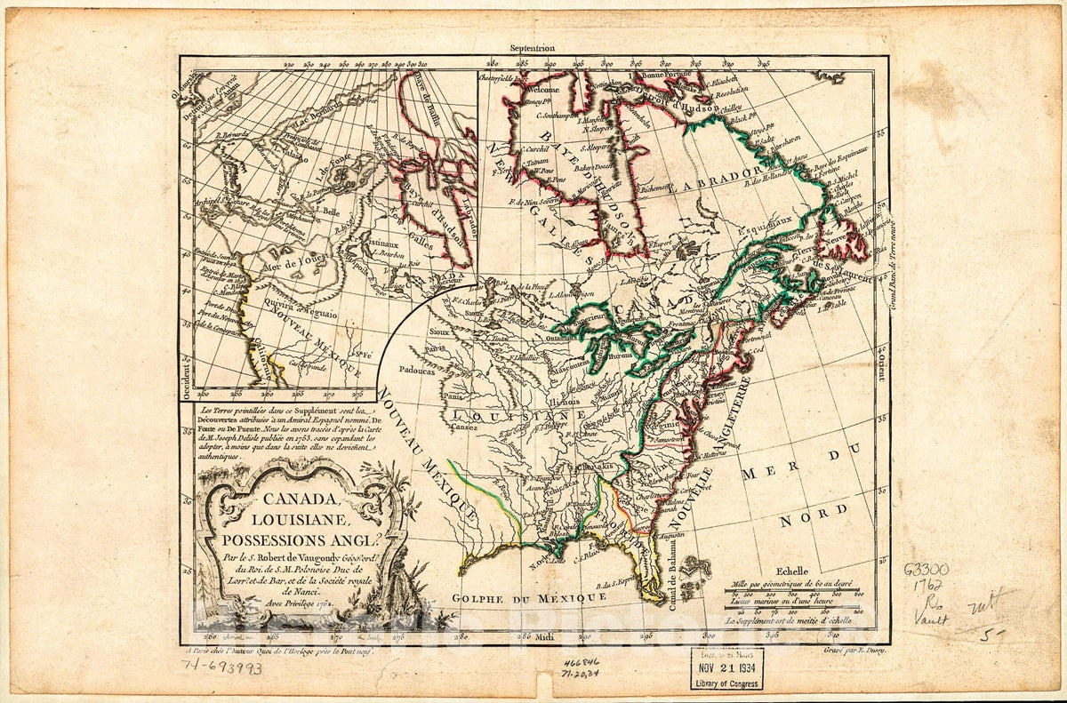 Historic 1762 Map - Canada, Louisiane, Possessions angl