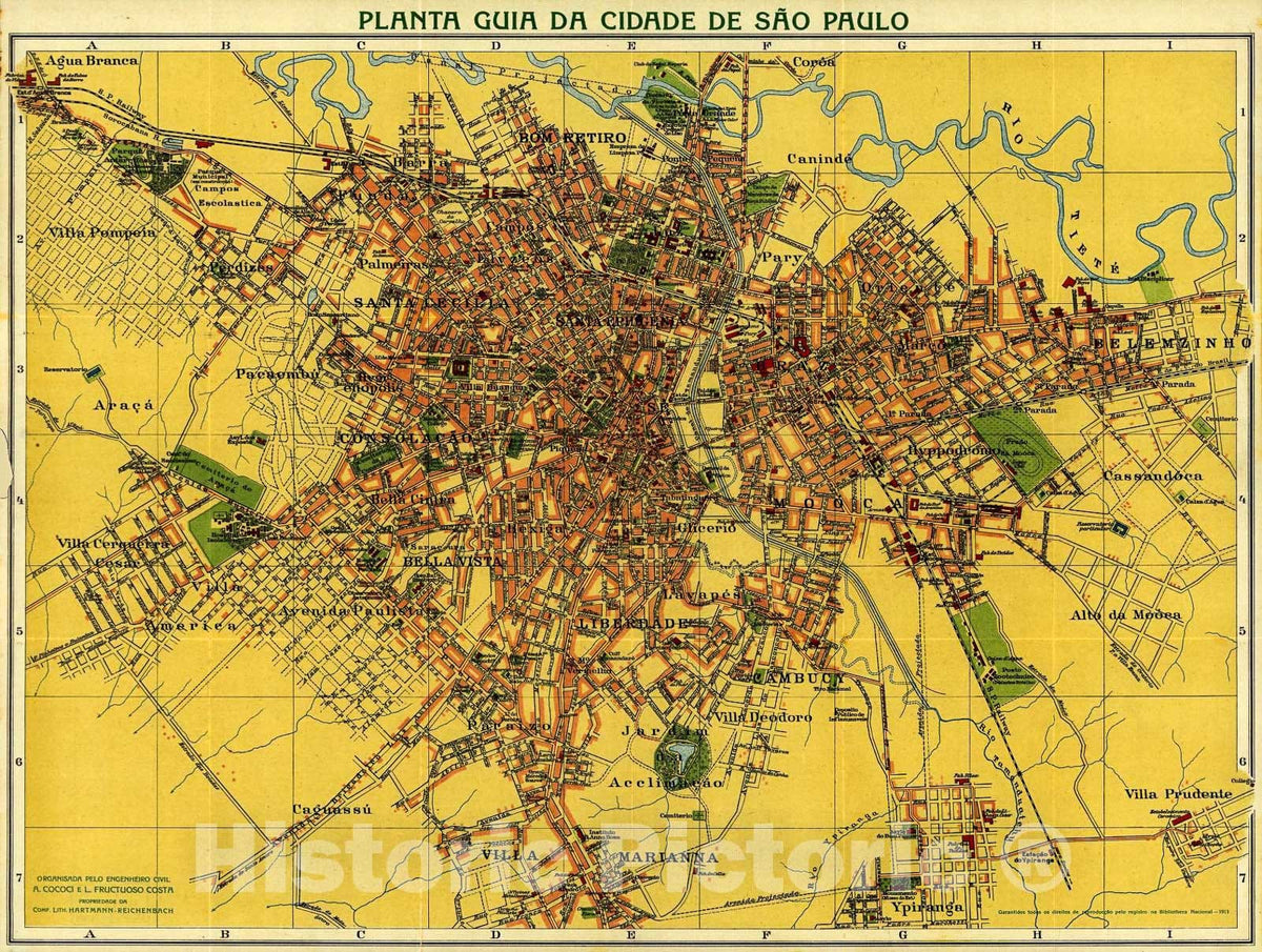 Historic 1913 Map - Planta guia da Cidade de SÃ£o Paulo.