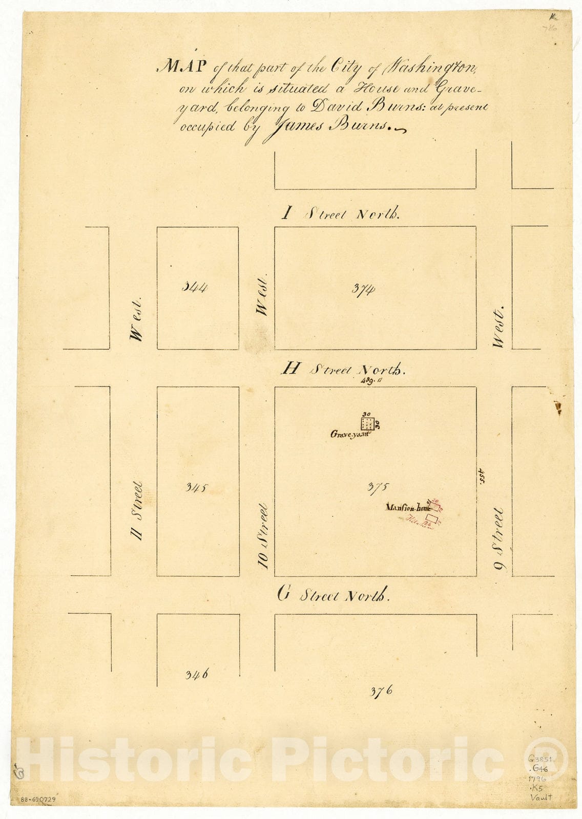 Historic 1796 Map - Map of That Part of The City of Washington on which is situated a House and Graveyard Belonging to David Burns : at Present Occupied by James Burns.