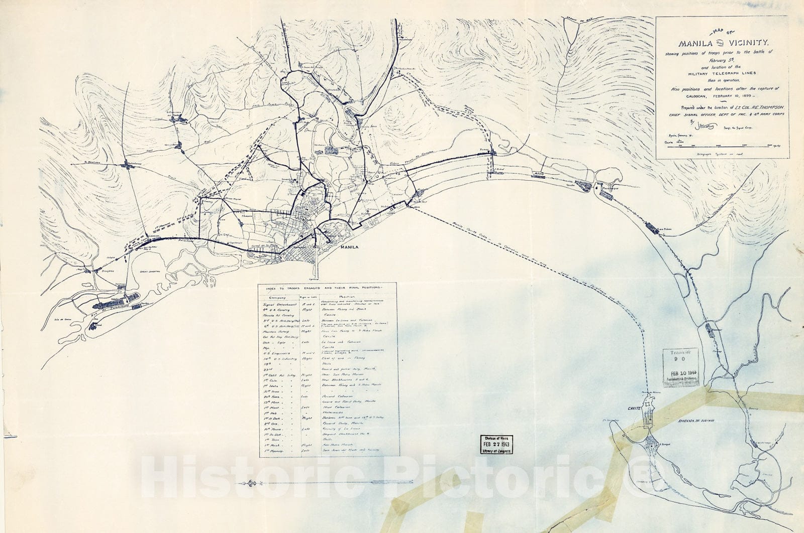 Historic 1899 Map - Map of Manila and Vicinity : Showing Positions of Troops Prior to The Battle of February 5th and Location of The Military Telegraph Lines Then in Operation