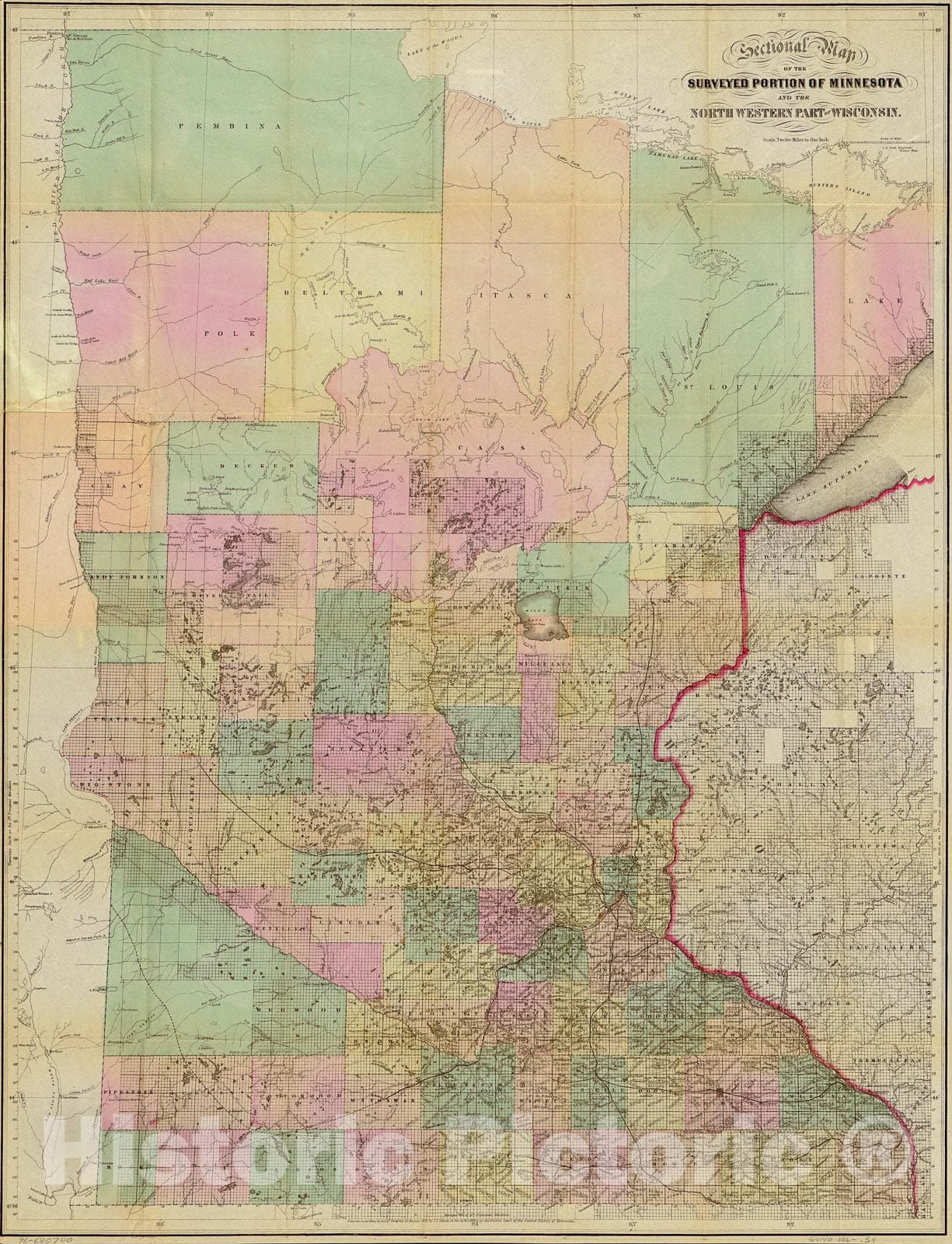 Historic 1860 Map - Sectional map of The surveyed Portion of Minnesota and North Western Part of Wisconsin