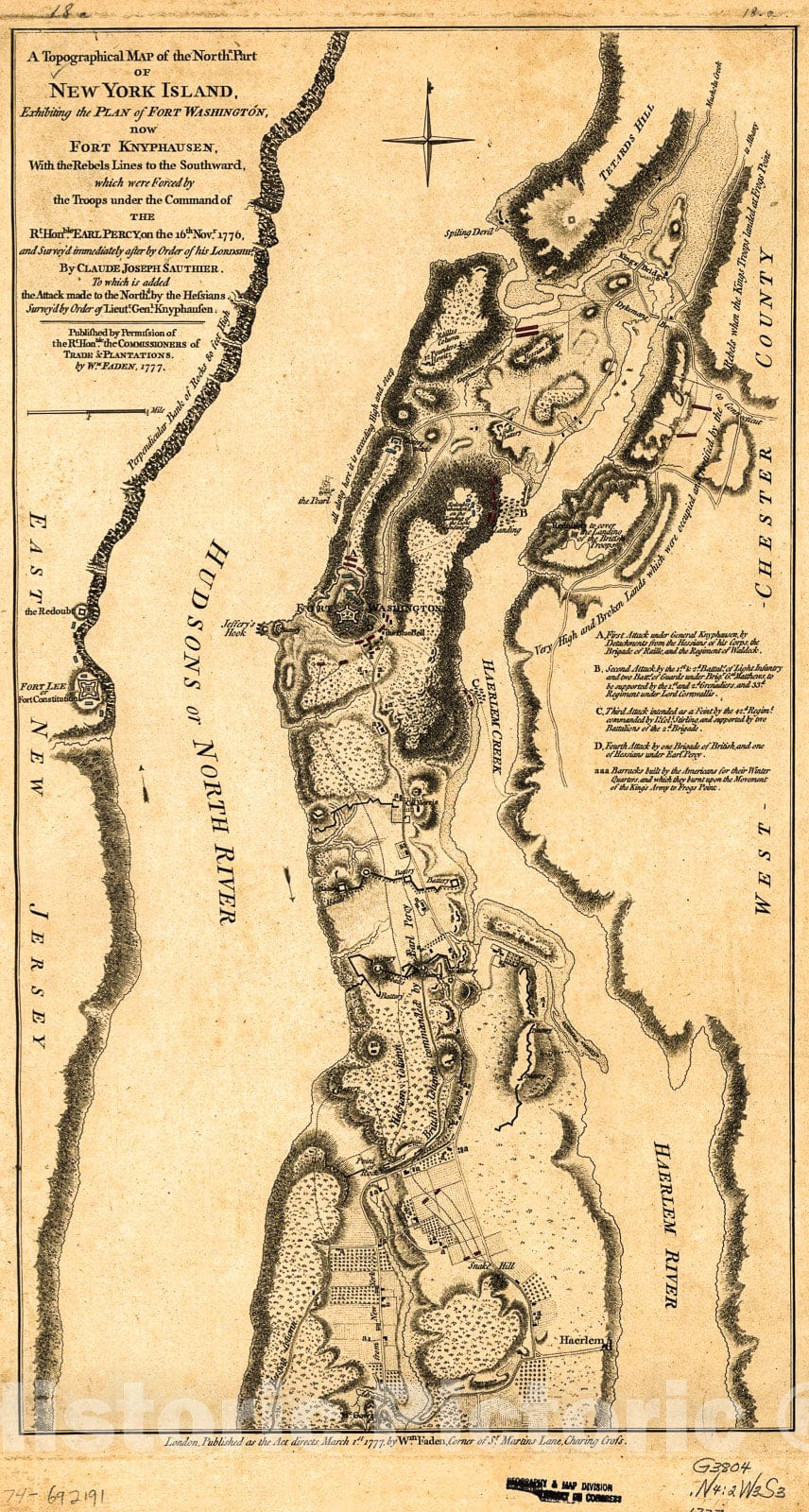 Historic 1777 Map - A Topographical map of The northn. Part of New York Island, exhibiting The Plan of Fort Washington, Now Fort Knyphausen