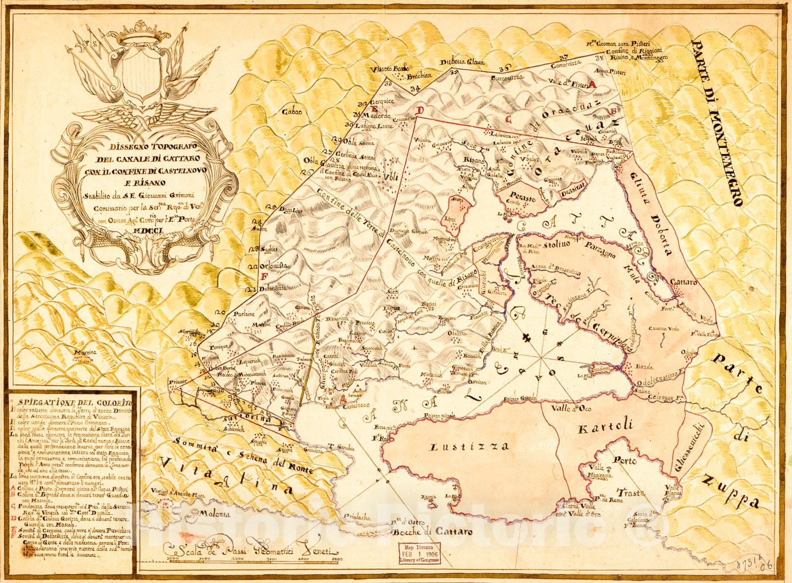 Historic 1701 Map - Dissegno topografo del Canale di Cattaro con il Confine de Castelnovo e Risano