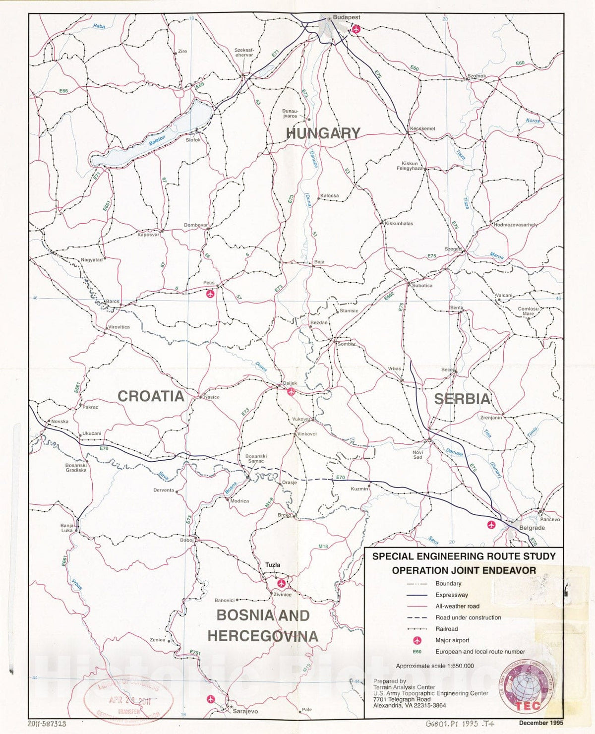 Historic 1995 Map - Special Engineering Route Study Operation Joint Endeavor : Northern Balkan Peninsula