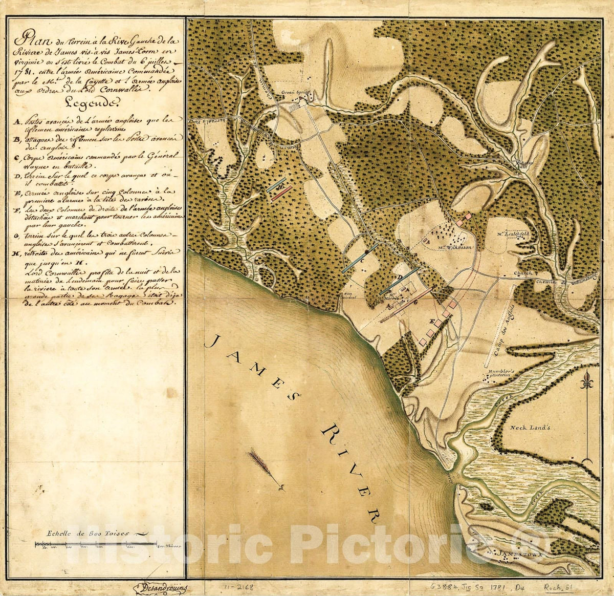 Historic 1781 Map - Plan du terrein Ã  la rive Gauche de la riviÃ¨re de James vis-Ã -vis Jamestown en Virginie ou s'est livrÃ© le Combat du 6 juillet 1781