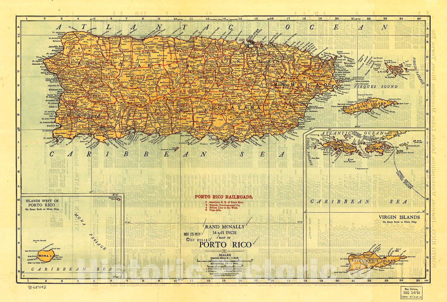 Historic 1921 Map - Rand McNally 14 x 21 inch map of Porto Rico.