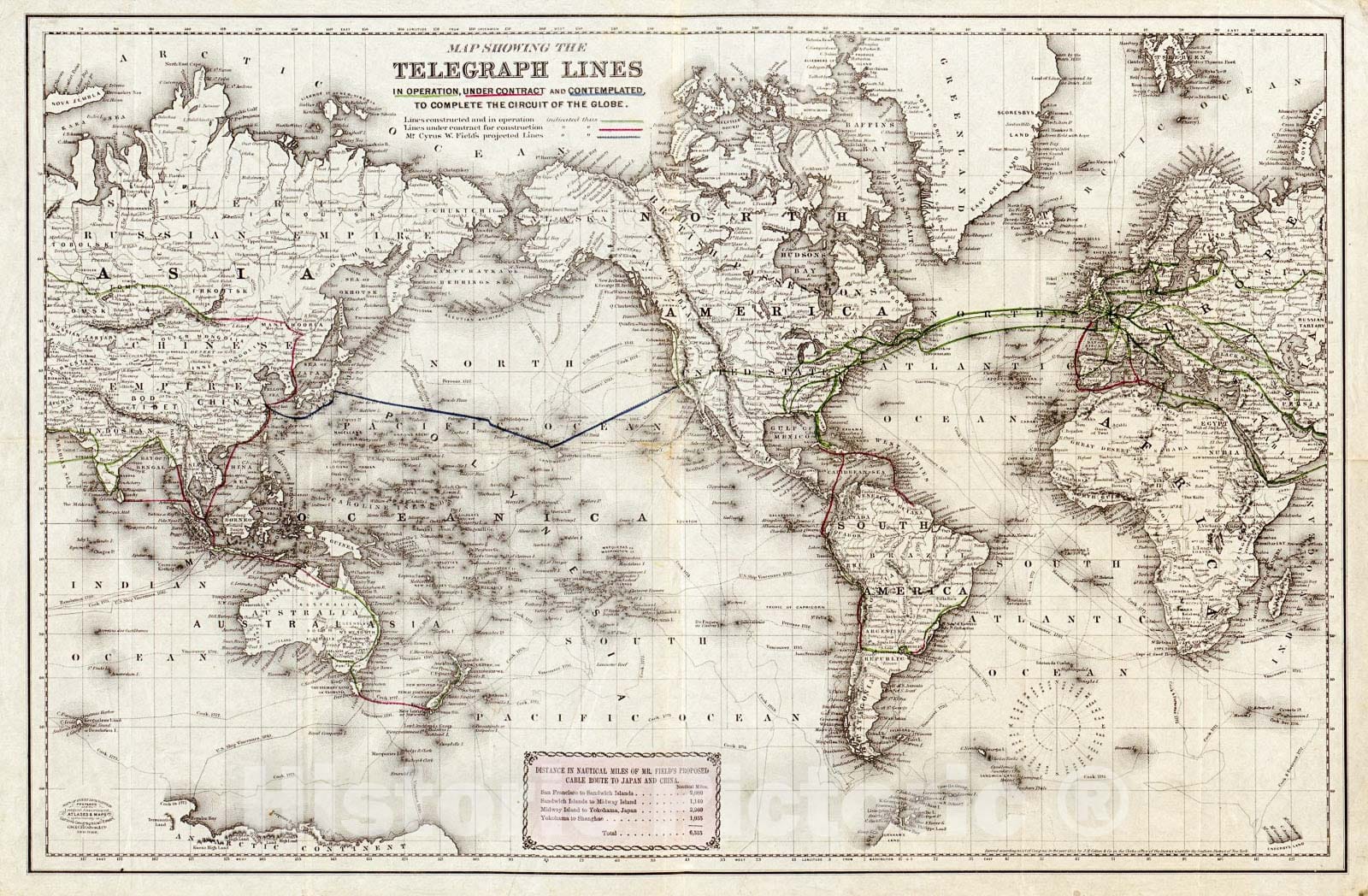 Historic 1871 Map - Map Showing The Telegraph Lines in Operation, Under Contract, and contemplated, to Complete The Circuit of The Globe