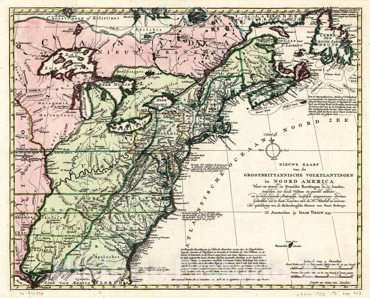 Historic 1755 Map - Nieuwe kaart Van de Grootbrittannische volkplantingen in Noord America waar in tevens de Fransche bezittingen en de Landen