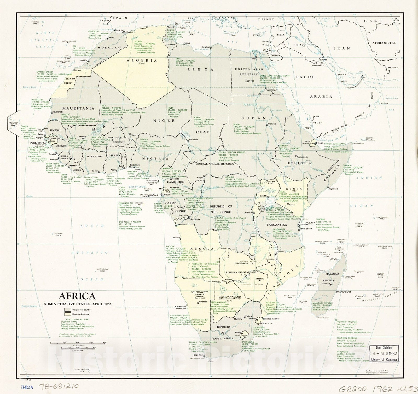 Historic 1962 Map - Africa, Administrative Status, April 1962.