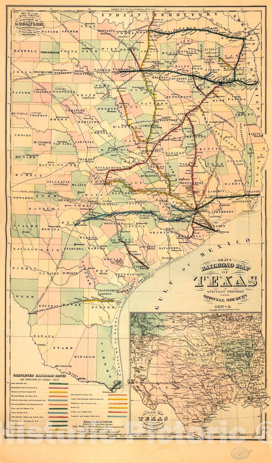 Historic 1877 Map - Gray's Railroad map of Texas.
