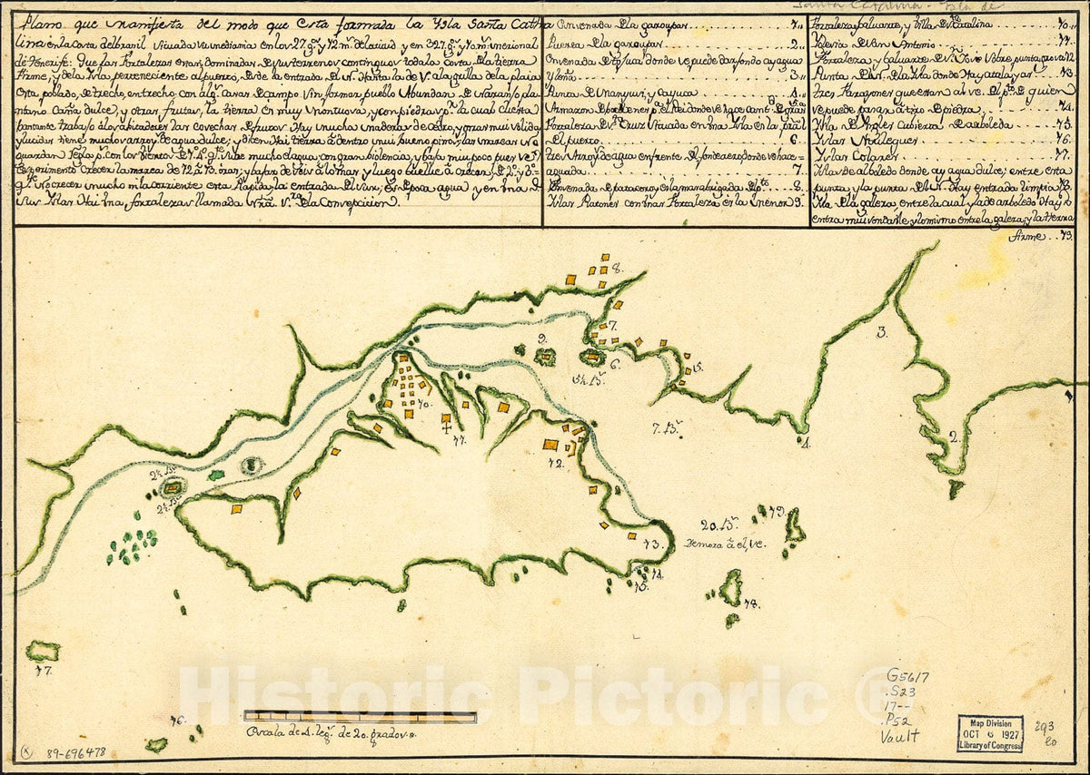 Historic 1700 Map - Plano que manifiesta del modo que csta formada la Ysla Santa Cathalina en la Costa del Brasil situada su mediama