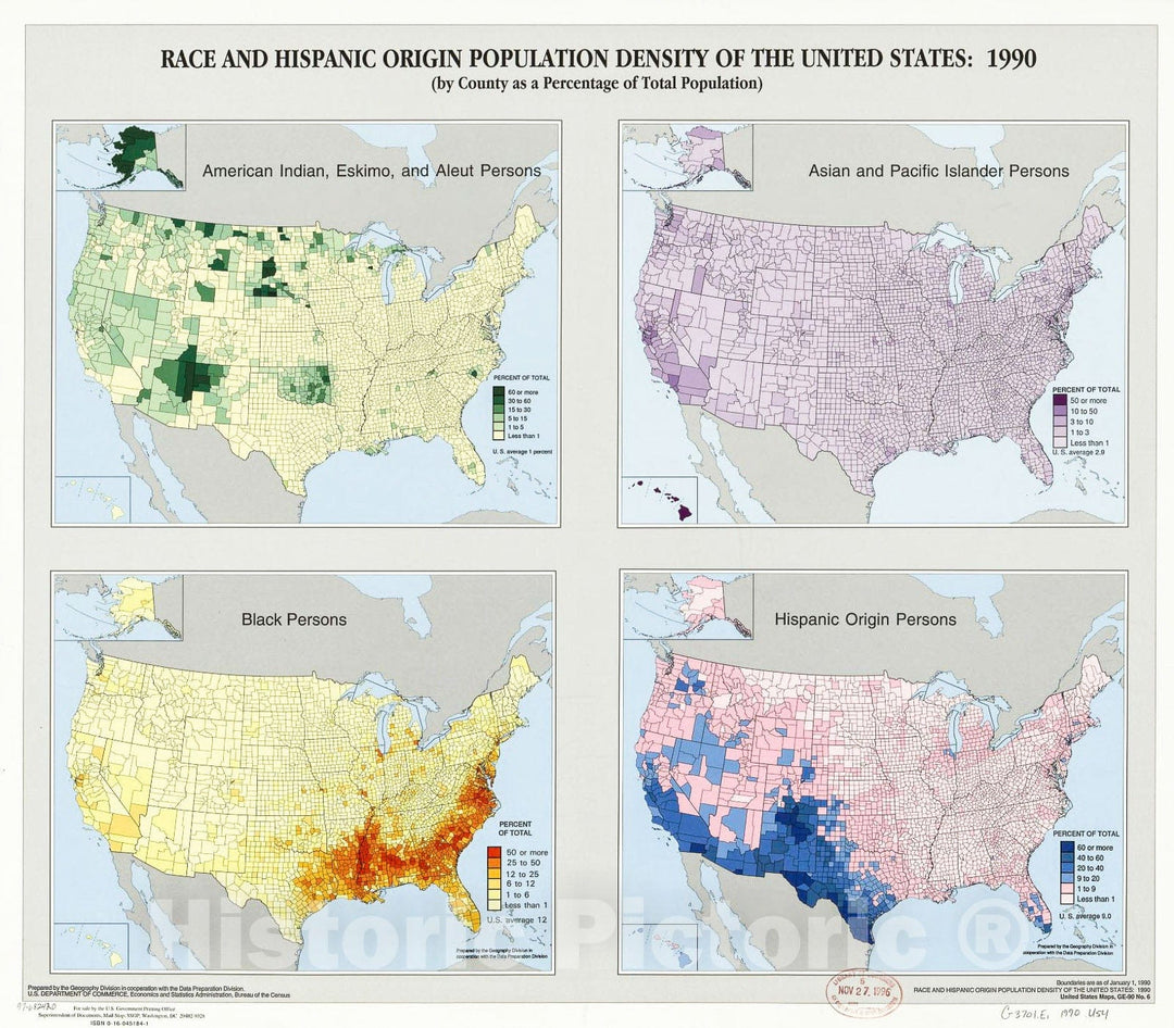 Historic 1990 Map - Race and Hispanic Origin Population Density of The United States: 1990