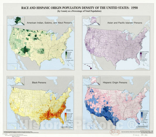 Historic 1990 Map - Race and Hispanic Origin Population Density of The United States: 1990
