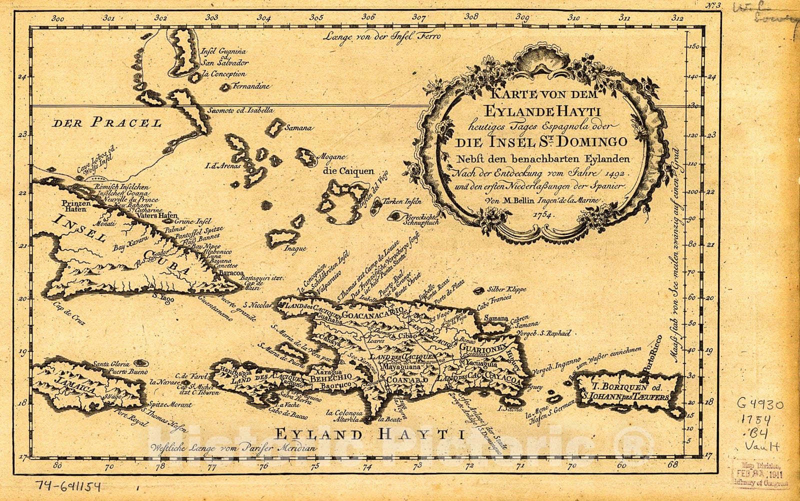 Historic 1754 Map - Karte von dem Eylande Hayti heutiges Tages Espagnola Oder die Insel St. Domingo nebst den benachbarten Eylanden nach der Entdeckung vom Jahre 1492