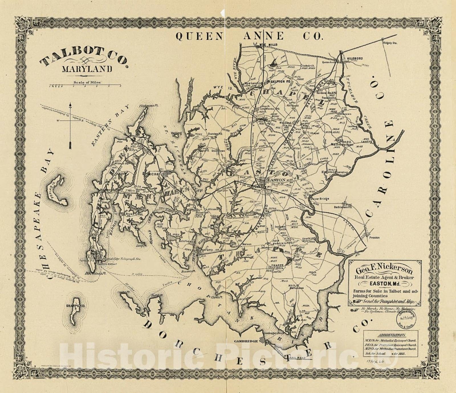 Historic 1875 Map - Talbot Co, Maryland.