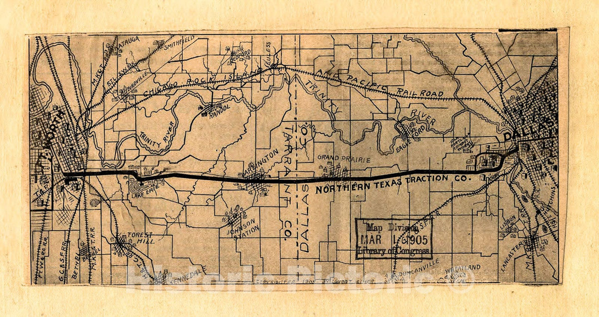 Historic 1905 Map - Map Showing Railroads and Connecting Lines of The Northern Texas Traction Co. from Ft. Worth to Dallas, Texas