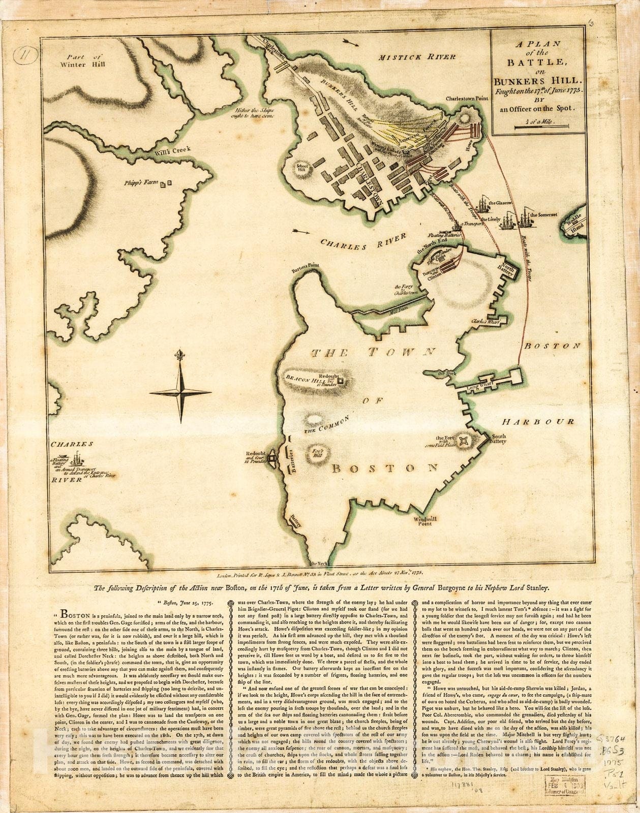 Historic 1775 Map - A Plan of The Battle, on Bunkers Hill Fought on The 17th of June 1775,