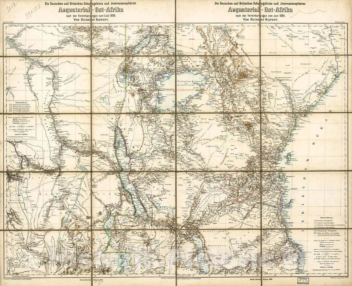 Historic 1890 Map - Die Deutschen und Britischen Schutzgebiete und Interessenspharen in Aequatorial-Ost-Afrika : nach den Vereinbarungen vom Juni 1890