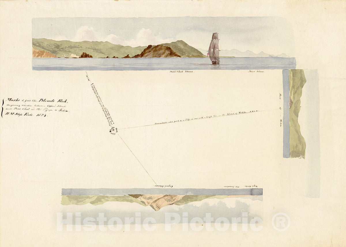 Historic 1824 Map - Marks to find The Blonde Rock Dangerously situated Between Copper's Island and Dead Chest in The Passage to Tortola, H.M. Ship Forte, 1824.