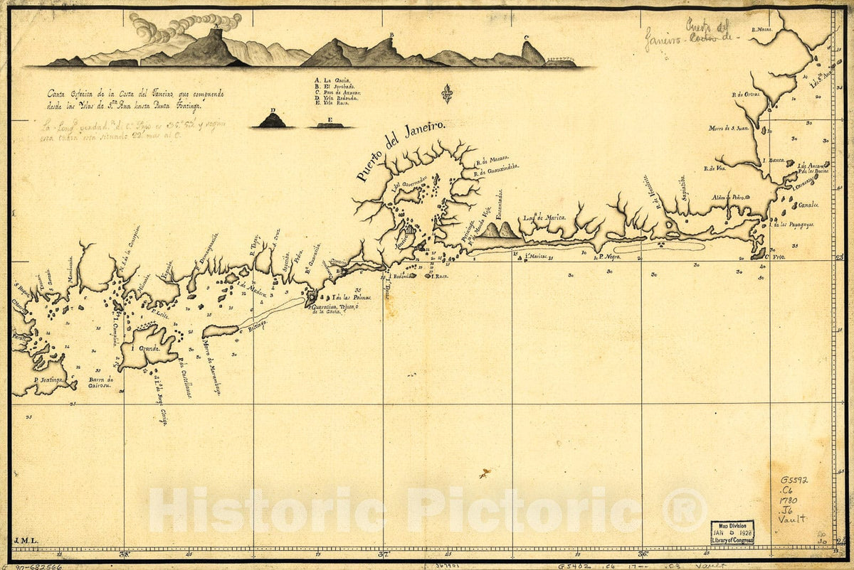 Historic 1780 Map - Carta esferica de la Costa del Janeiro, que comprende Desde las Yslas de Sta. Ana Hasta Punta Joatinga