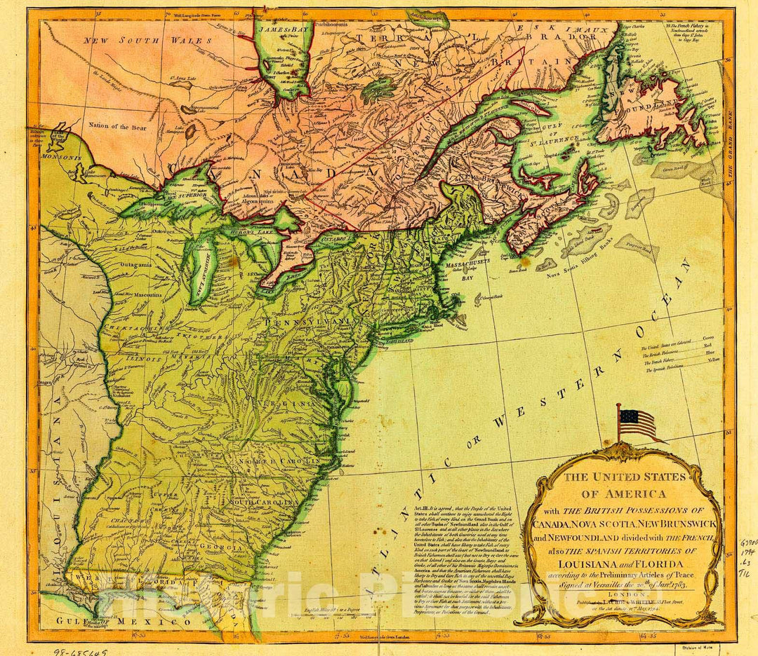 Historic 1794 Map - The United States of America, with The British Possessions of Canada, Nova Scotia, New Brunswick and Newfoundland