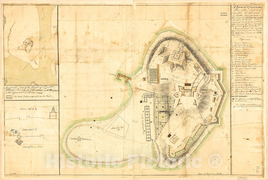 Historic 1771 Map - A General & Particular Plan of The Island of Castle William Near Boston, shewing The Works in Their Original & Present State, Together with Sections Thro' The Same.
