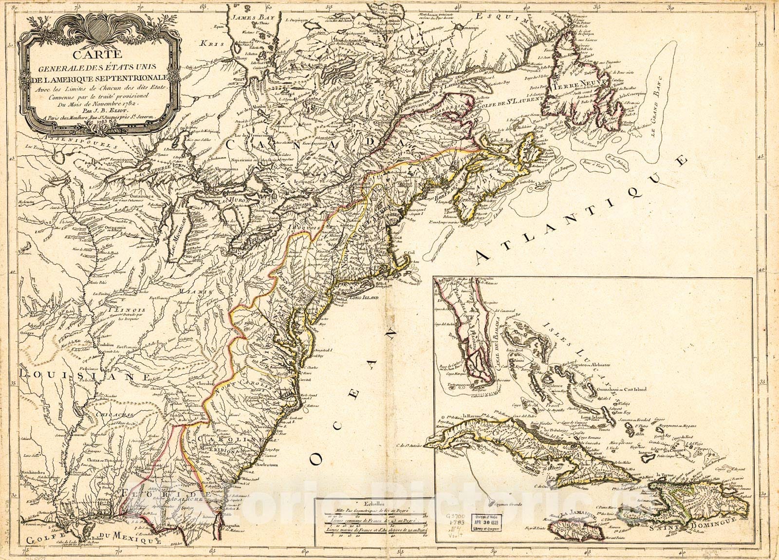 Historic 1783 Map - Carte generale des Ã‰tats UNIS de l'Amerique Septentrionale, avec les limites de chacun des dits Etats, convenus par le traitÃ© Provisional du Mois de novembre 1782.