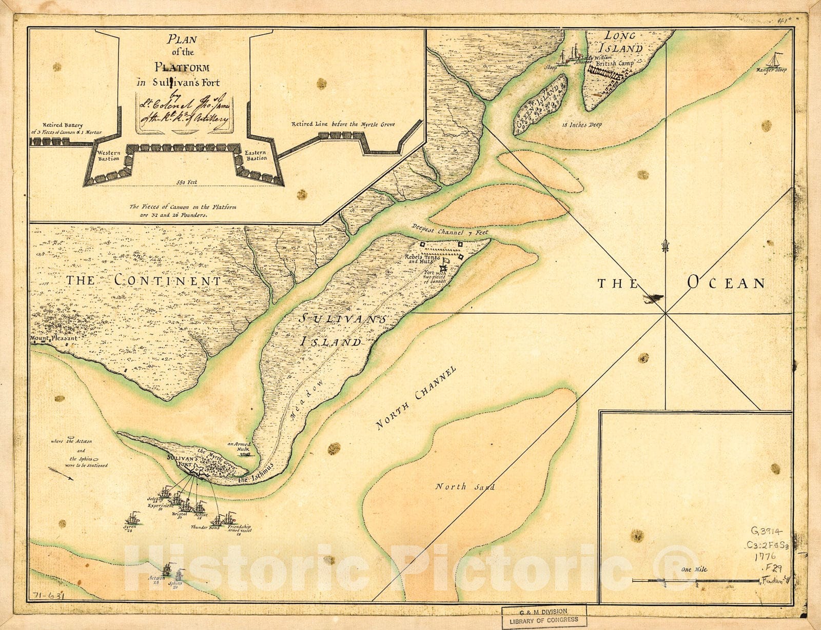 Historic 1776 Map - A Plan of The Attack of Fort Sulivan, Near Charles Town in South Carolina : by a Squadron of His Majesty's Ships, on The 28th of June 1776