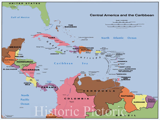 Historic 1990 Map - Central America and The Caribbean.
