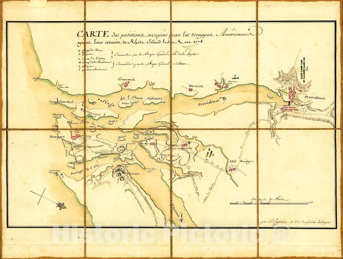Historic 1778 Map - Carte des Positions occupeÃ©s par les trouppes AmÃ©ricaines Apres leur retraite de Rhode Island le 30 Aout 1778