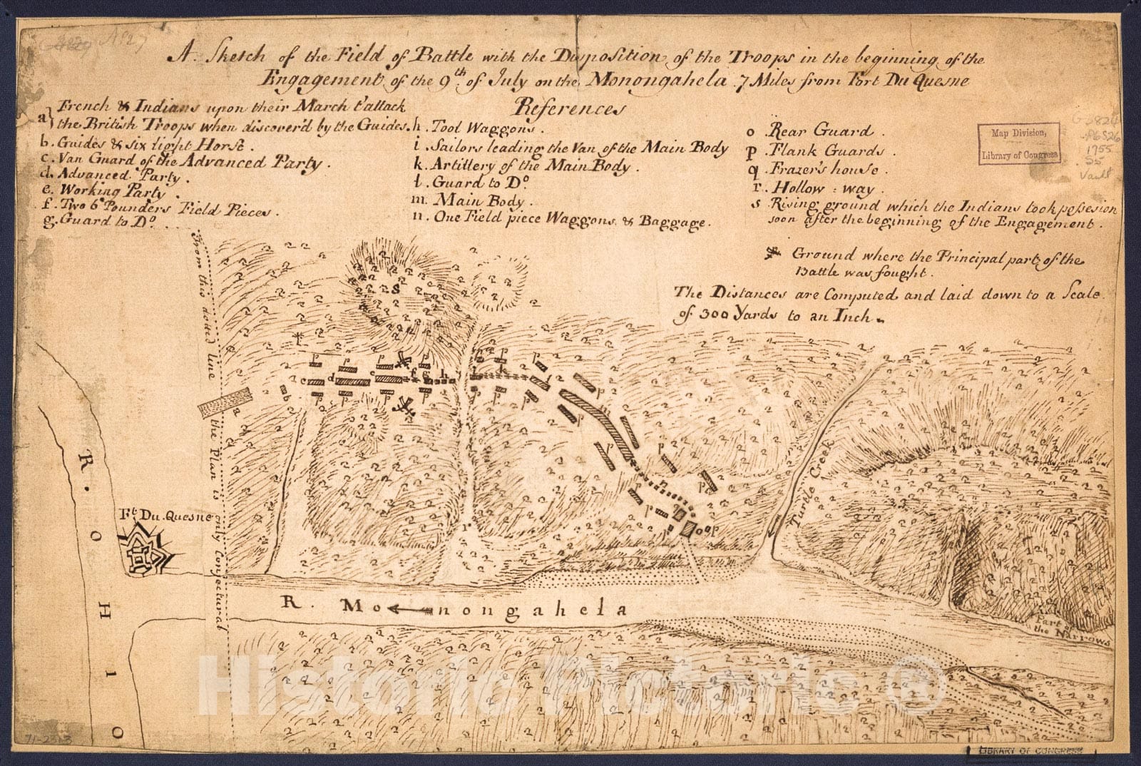 Historic 1755 Map - A Sketch of The Field of Battle with The Disposition of The Troops in The Beginning of The Engagement of The 9th of July on The Monongahela 7 Miles from Fort Du Quesne.