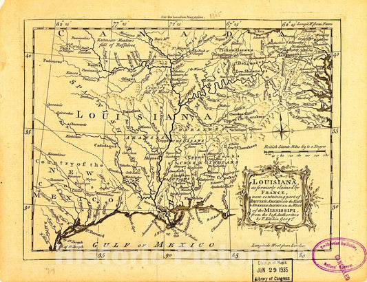 Historic 1765 Map - Louisiana, as Formerly Claimed by France, Now containing Part of British America to The East & Spanish America to The west of The Mississippi.