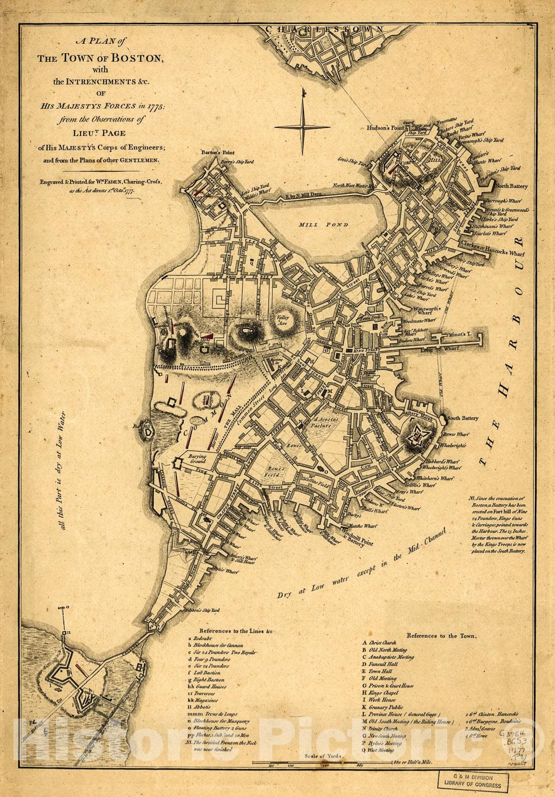 Historic 1777 Map - A Plan of The Town of Boston, with The intrenchments of His Majestys Forces in 1775: from The observations of Lieut. Page of His Majesty's Corps of Engineers
