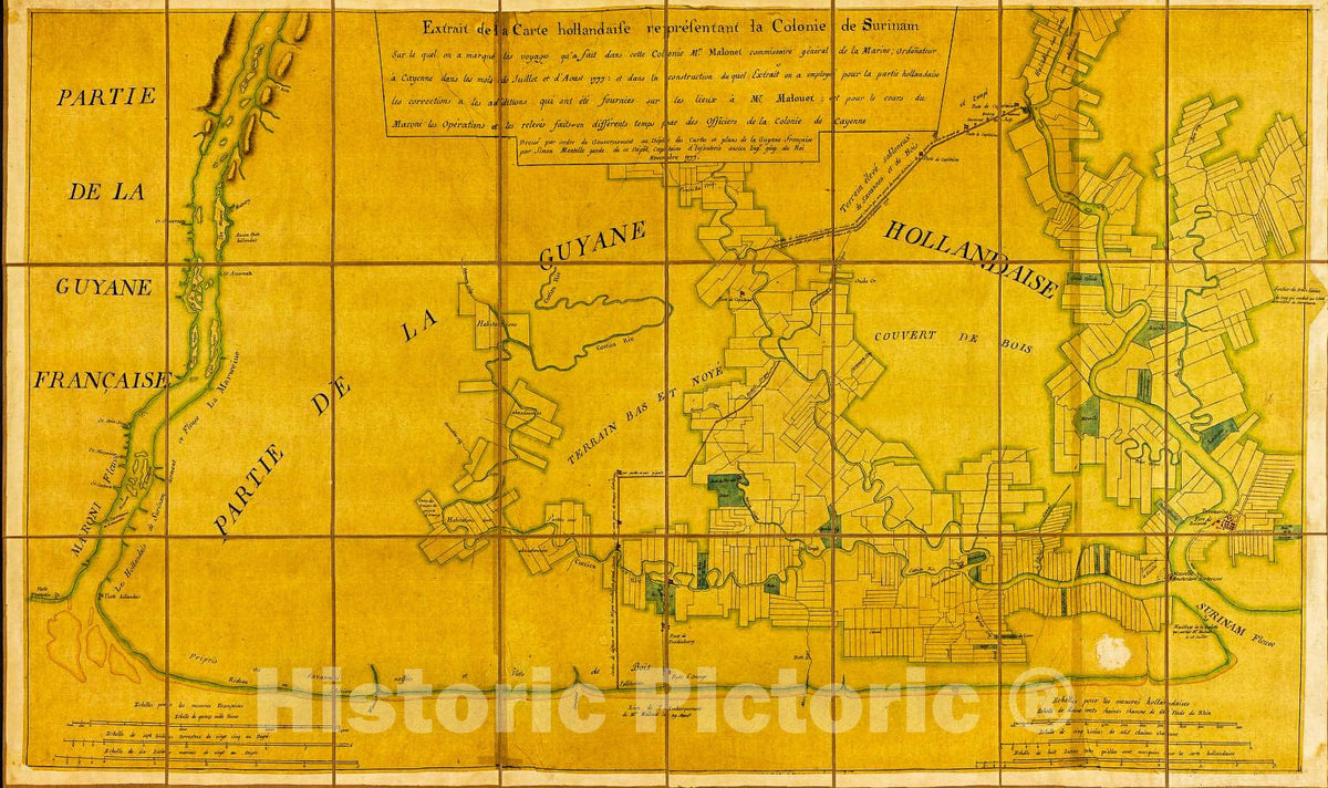 Historic 1777 Map - Extrait de la Carte hollandise Representant la colonie de Surinam : sur le quel on a Marque les Voyages qu'a fait Dans cette colonie Mr. Malonet