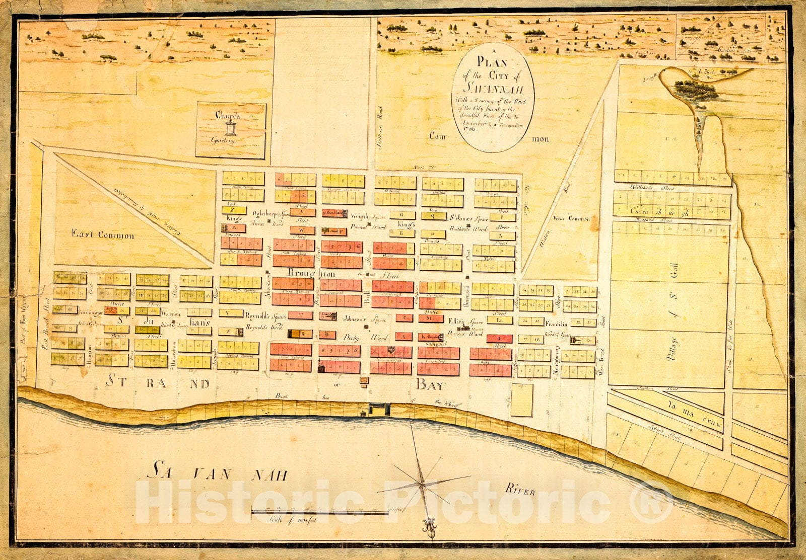 Historic 1796 Map - A Plan of The City of Savannah : with a Drawing of The Part of The City Burnt in The Dreadful Fires of The 26 November & 6 December, 1796.