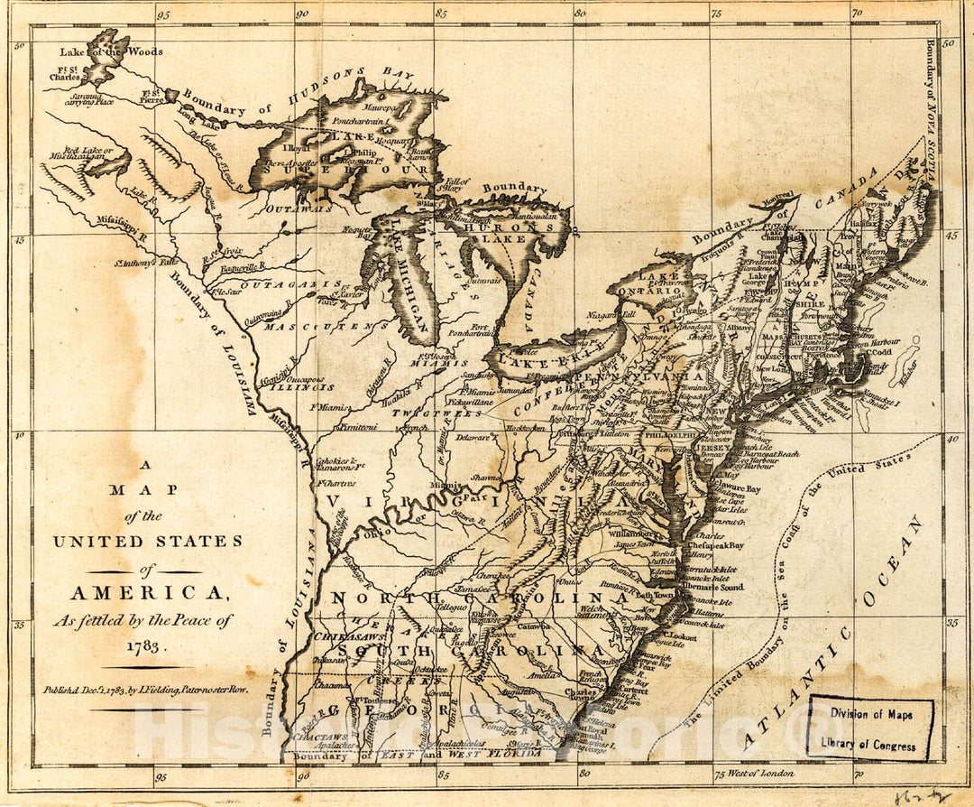 Historic 1783 Map - A map of The United States of America, as Settled by The Peace of 1783.