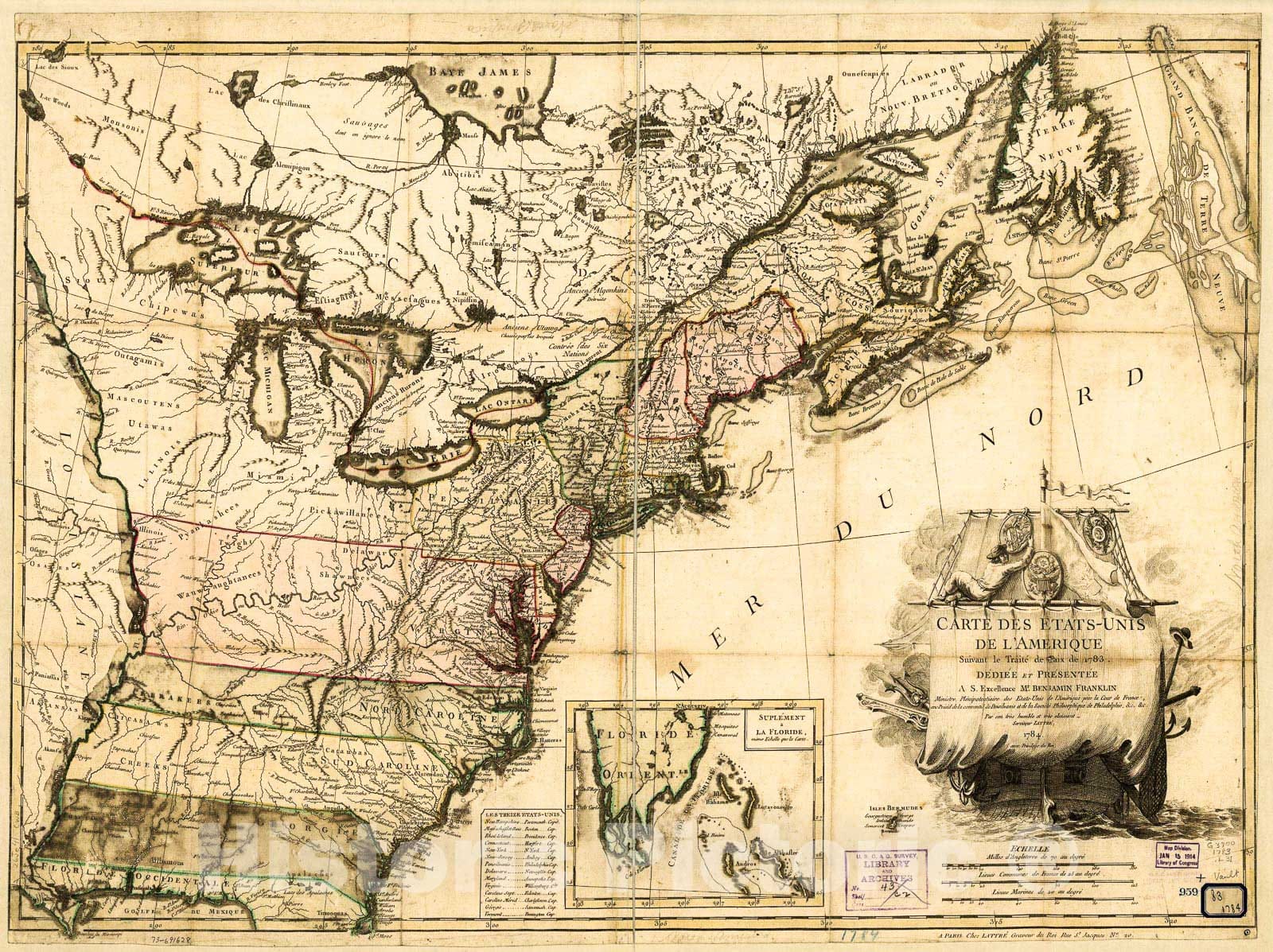 Historic 1783-1784 Map - Carte des Etats-UNIS de l'Amerique suivant le TraitÃ© de Paix de 1783.